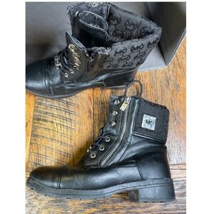 Michael Kors Jenah Black Combat Boots Kids Size 4 MK Logo Monogram Side Zip Lug